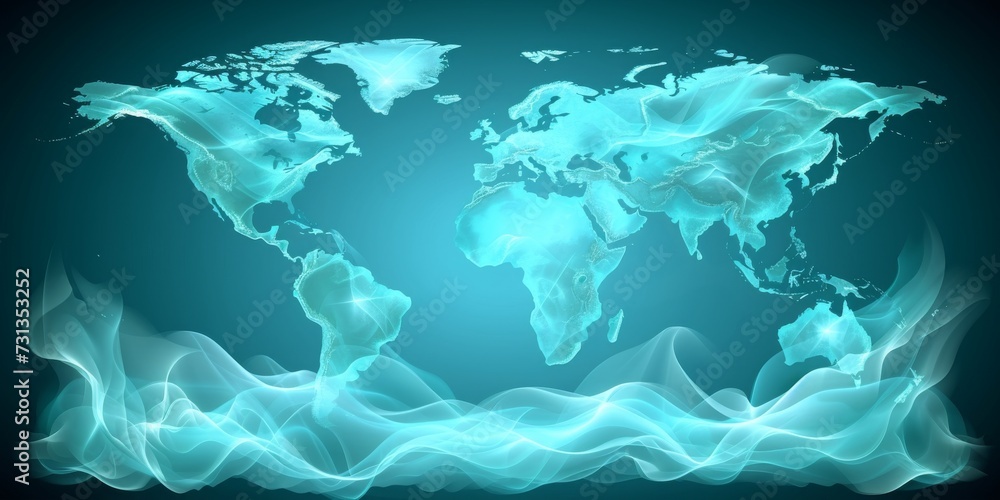 Aufkleber A Blue-Hued Technological World Map Depicting Global Connectivity and the Digital Fabric of Data and Information, Generative AI