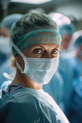 Blonde Female Surgeon Ready for Surgery, Her Team Arrayed Behind in the Gleam of the OR.