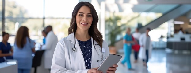 Professional Woman in White Lab Coat, Harnessing Technology for Patient Care in a Bright Office.