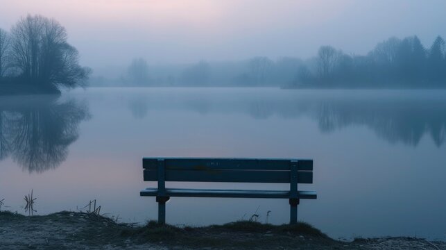 a bench overlooking a fog-covered lake at dawn, embodying Labor Day's quiet reflection © olegganko