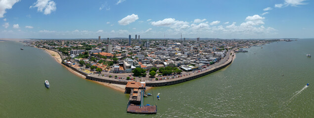 Aerial view of the panoramic cityscape of Santarem, Brazil, along the Tapajos river. Captured by...