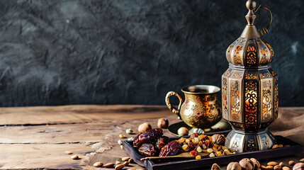 Fototapeta na wymiar Ramadan Kareem Islamic greeting card with lantern, dried dates, nuts, cup of tea