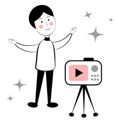 A man with a video camera on a white background. Blogger. Doodle
