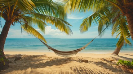 A serene beach scene with a hammock between palms