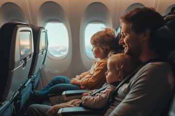 Little boy with parents traveling on airplane
