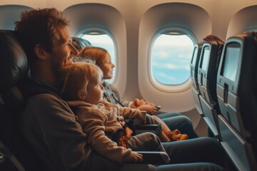 Little boy with parents traveling on airplane

