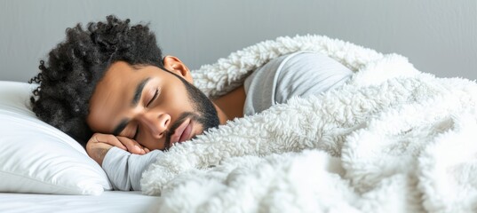 Joyful african american man sleeping peacefully on white bed, copy space for text placement