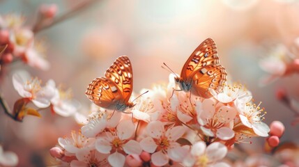 A pair of dainty butterflies dancing amidst tender blossoms. large copyspace area - obrazy, fototapety, plakaty