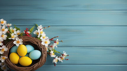 Cesta de mimbre conteniendo huevos de pascua de colores amarillo y azul, rodeada de flor de pascua,...