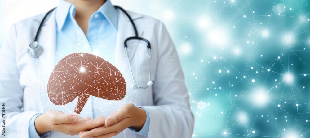 Aufkleber holographic human liver scan projection on blurred background with copy space for text placement