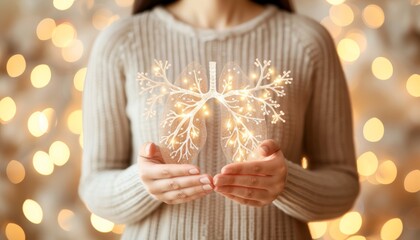 Digital x ray of human lungs holographic scan projection on blurred background with copy space