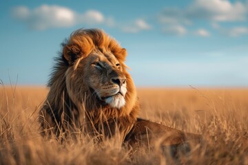Fototapeta premium A Lion Laying in a Field of Tall Grass