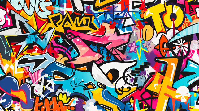 A dynamic seamless pattern of graffiti art that captures the essence of urban expression. Vibrant colors and bold statements intersect and blend together, creating a visually striking compos