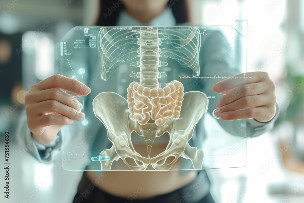 Poster digital x ray of human pelvis holographic scan projection on blurred background with copy space