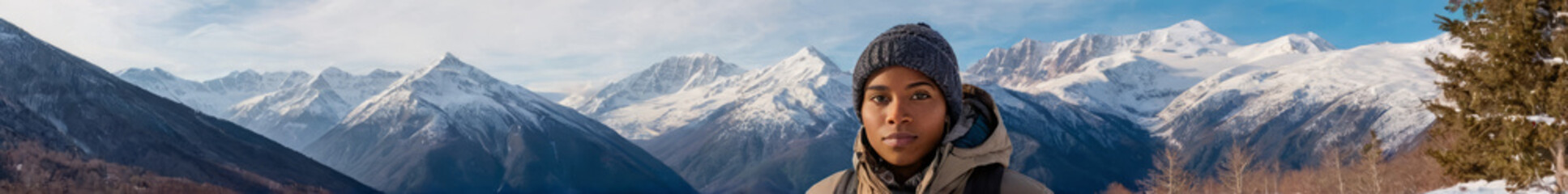 Winter Wonderland: BIPOC Person Outdoors in Snowy Mountains Wearing Stylish Winter Clothing - Diverse Outdoor Winter Scenery, Snowy Landscape with Mountain Peaks, Cold Weather Outdoor Fashion