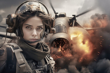 Helicopter female copilot in battle fight. The helicopter crashed. AI generated. - obrazy, fototapety, plakaty