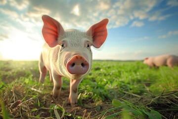 Pig Standing in Grass Field