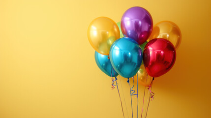 colorful foil balloons on a pastel yellow background card with copy space