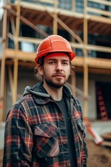 Man Wearing Hard Hat Standing in Front of Building