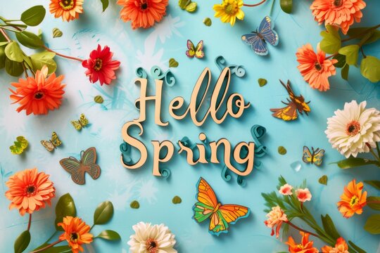 Colorful hello spring text sign 