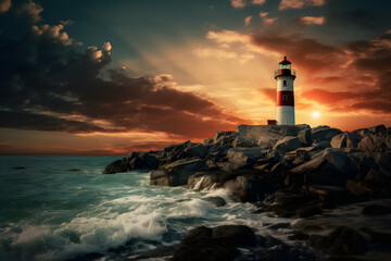 Naklejka premium Beach lighthouse, lighthouse, beach with lighthouse, cliff