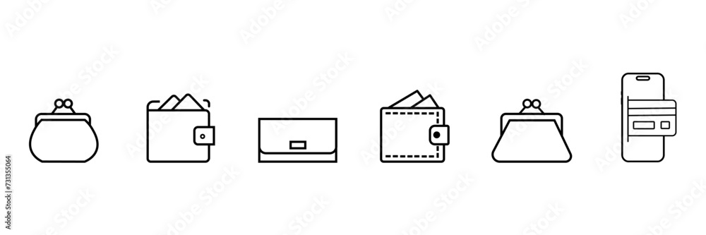 Poster set of wallet icons, set of linear icons of wallets of different shapes and sizes, business, cash pa