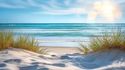 Soothing summer beach with sand dunes, beige plants, and sunlight bokeh for text placement