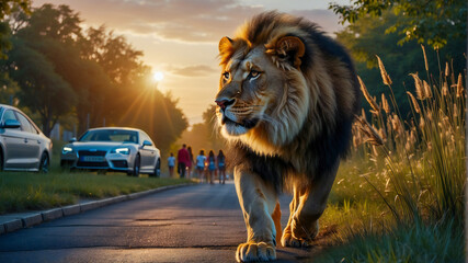 A lion walks around the city at sunset