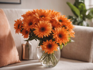 Orange gerbera flowers in a transparent vase on the table. Generative AI