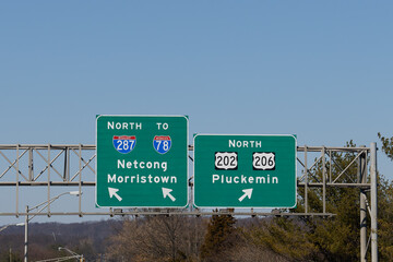 highway exit signs for US-202 North, US-206 North for Pluckemin, New Jersey and I-287 I-78 North to Netcong and Morristown, New Jersey
