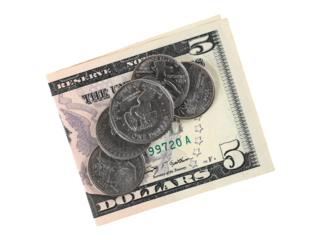 Five dollar bills and metal money, coin isolated on white, top view	