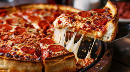 close up of a cheesy deep dish pepperoni pizza