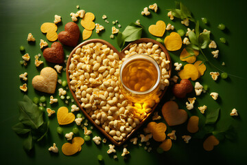 glass of beer on green background. Heart shaped texture. Celebration of St. Patrick Day holiday.