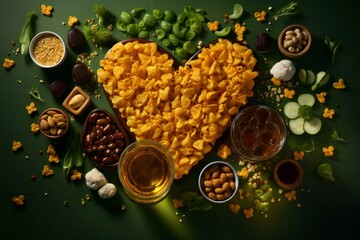 glass of beer on green background. Heart shaped texture. Celebration of St. Patrick Day holiday.