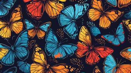 A mesmerizing seamless pattern featuring a kaleidoscope of vibrant, fluttering butterflies, elegantly symbolizing the concepts of transformation and sheer beauty. Perfect for various project