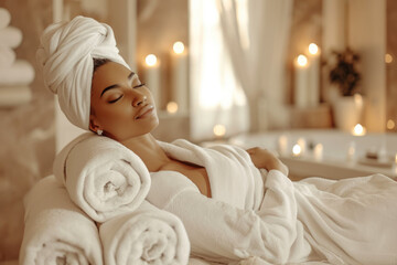 model relaxing in a spa with a robe and a towel in a wellness treatment