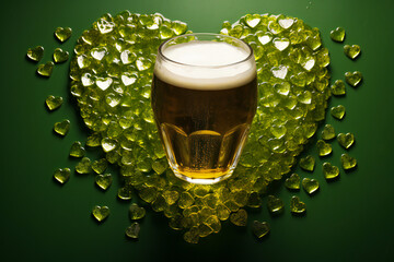 glass of beer on green background. Heart shaped texture. Celebration of St. Patrick Day holiday.