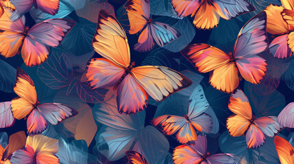 Fototapeta na wymiar A mesmerizing seamless pattern featuring a kaleidoscope of vibrant, fluttering butterflies, elegantly symbolizing the concepts of transformation and sheer beauty. Perfect for various project