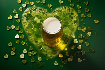 glass of beer on green background. Heart shaped texture. Celebration of St. Patrick Day holiday.