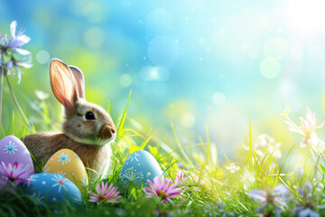 Easter Bunny with Colorful Eggs in Sunlit Grass