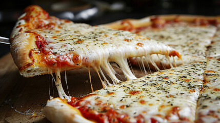 close up of a cheesy new york style pizza