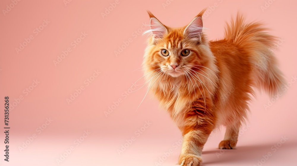 Aufkleber graceful fluffy cat walking on pastel colored background with ample copy space for text placement