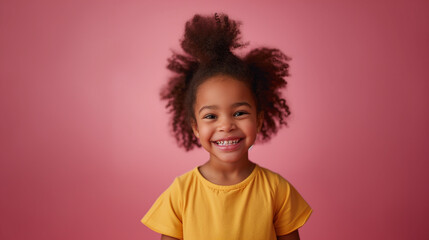 Happy girl with curly hair, smile, and joyful violet eyes. - obrazy, fototapety, plakaty