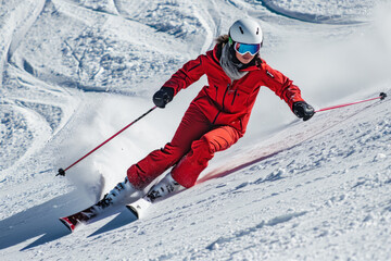model skiing in a slope with a ski suit and a goggles in a winter sport
