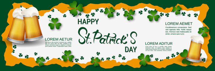Fototapeta premium St.Patrick's Day vector banner template. White-green background with clover leaves and design elements