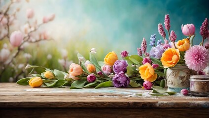 Frühlingshafte Vorlage mit Blüten und Holztisch