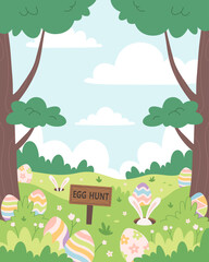 Spring meadow with hidden eggs for Easter egg hunt. Easter Event Celebration in Spring Park. Holiday tradition game for children. Vector illustration in flat style