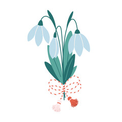 Snowdrop flower with Martisor talisman. Traditional accessory for holiday of early spring in Romania and Moldova. Vector illustration in flat style