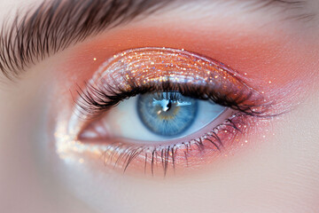 Fototapeta premium One blue eye with make up with surrounding freckles, copper or peach colored makeup and natural skin texture with shimmer on the skin. Make-up tutorial or cosmetic advertisement