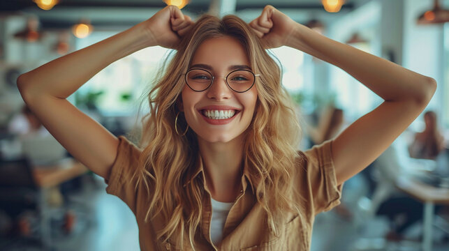 the victorious businesswoman raised her hands in joy